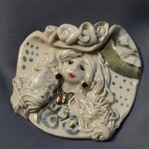 Ceramic Studio Art Face Brooch Signed Artisan Sculptural Portrait Pin 3"
